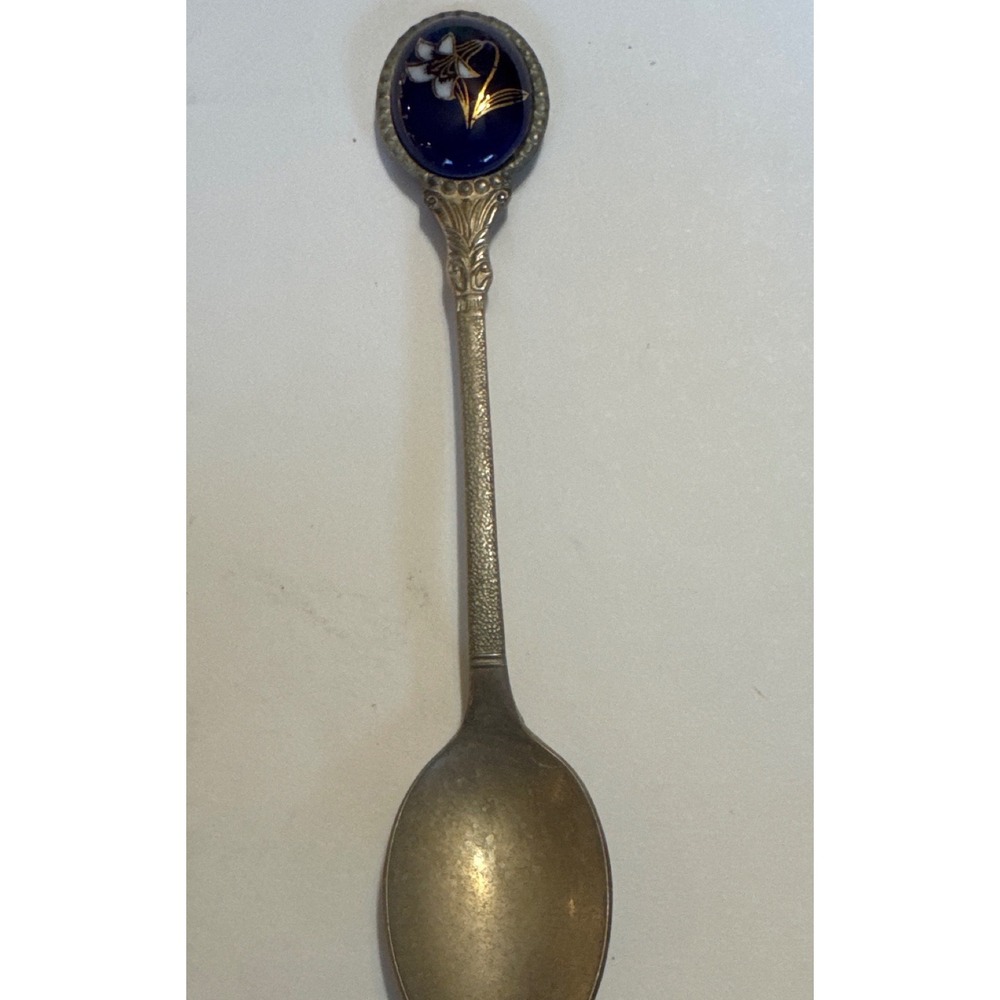 Vintage Souvenir Spoon Cobalt Blue Enamel Lily Flower Silver Tone 4.25 Inch